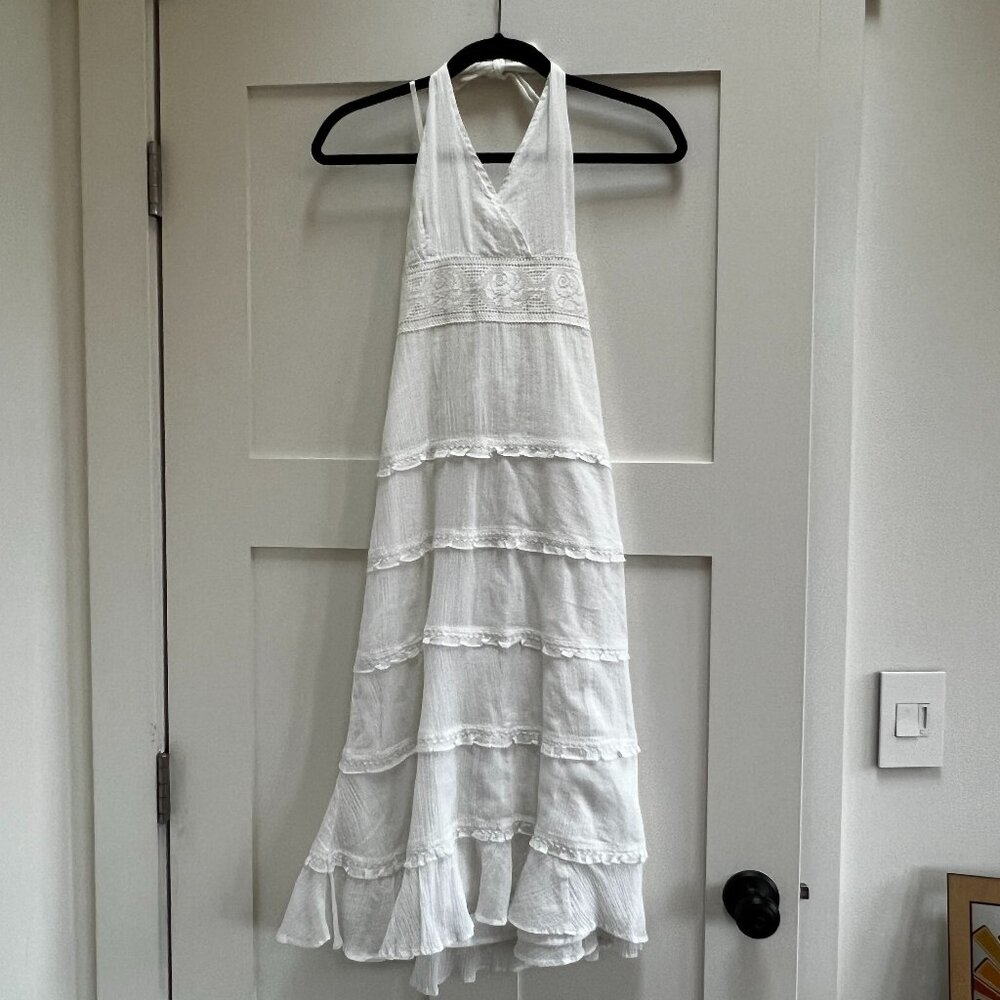 Anthropologie White Lace Trim Tiered Maxi Halter Dress White Size 2